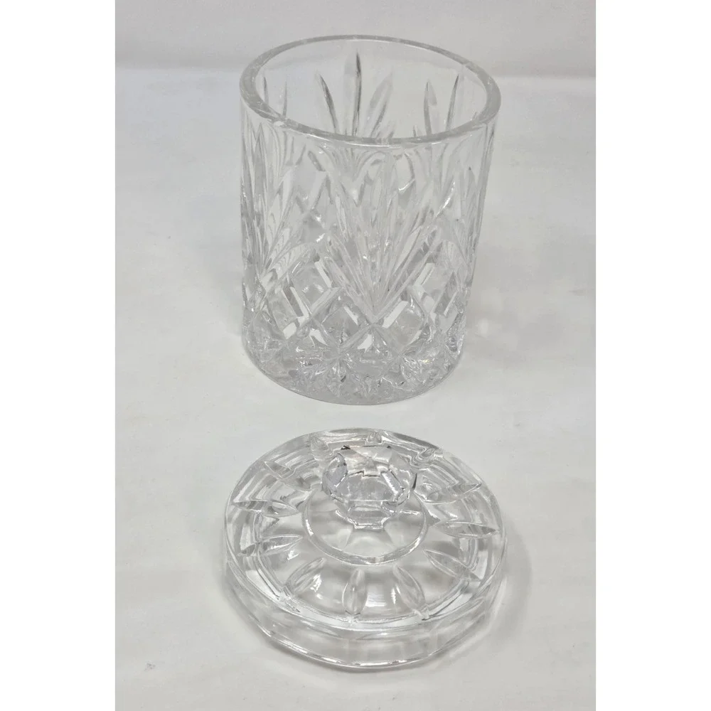 Cut Lead Crystal Biscuit Jar Lidded Diamond Fan Pattern Faceted Knob Candy Dish